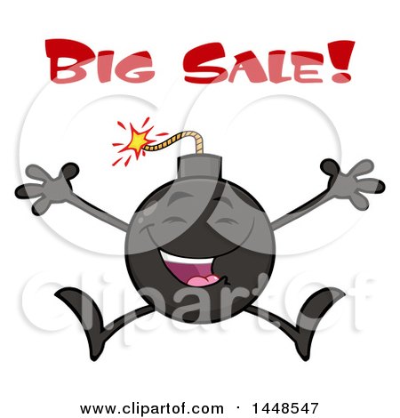 Clipart of a Cartoon Happy Jumping Bomb Mascot Character with Legs and Arms, Under Big Sale Text - Royalty Free Vector Illustration by Hit Toon