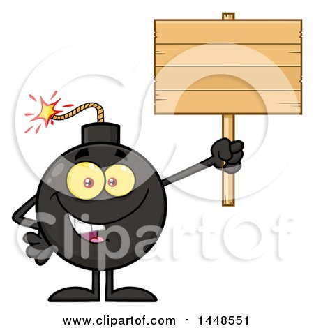 Clipart of a Cartoon Bomb Mascot Character with Legs and Arms, Holding up a Blank Sign - Royalty Free Vector Illustration by Hit Toon