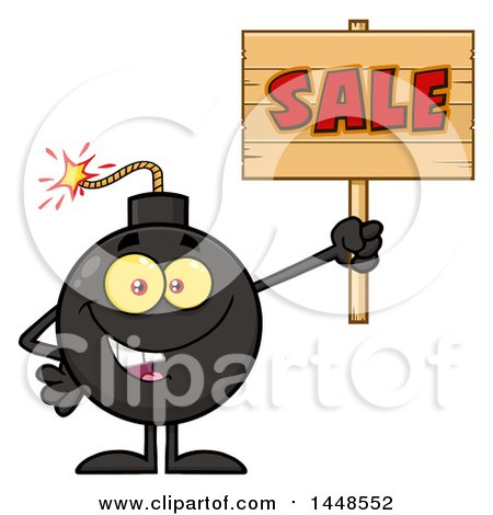 Clipart of a Cartoon Bomb Mascot Character with Legs and Arms, Holding up a Sale Sign - Royalty Free Vector Illustration by Hit Toon