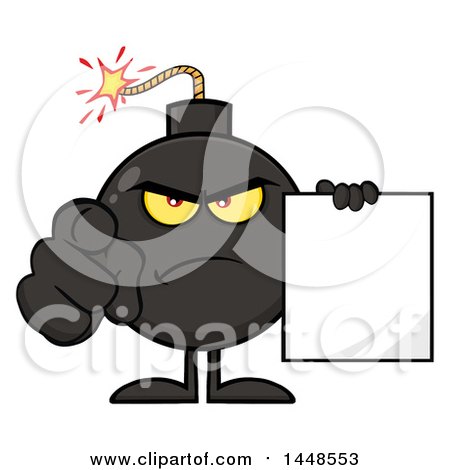 Clipart of a Cartoon Bomb Mascot Character with Legs and Arms, Pointing Outwards and Holding a Blank Sign - Royalty Free Vector Illustration by Hit Toon