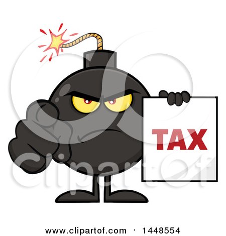 Clipart of a Cartoon Bomb Mascot Character with Legs and Arms, Pointing Outwards and Holding a Tax Sign - Royalty Free Vector Illustration by Hit Toon