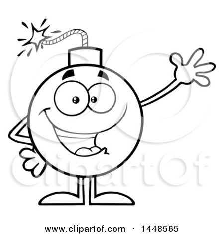 Clipart of a Cartoon Black and White Lineart Waving Bomb Mascot Character with Legs and Arms - Royalty Free Vector Illustration by Hit Toon