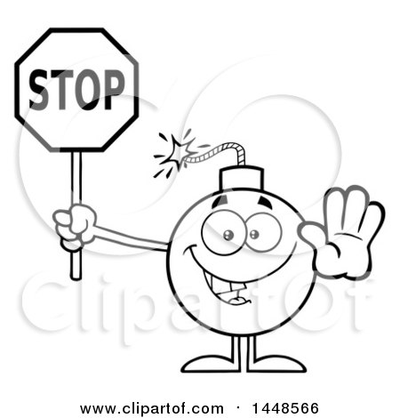 Clipart of a Cartoon Black and White Lineart Bomb Mascot Character with Legs and Arms, Holding a Stop Sign - Royalty Free Vector Illustration by Hit Toon