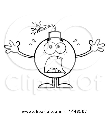Clipart of a Cartoon Black and White Lineart Screaming Bomb Mascot Character with Legs and Arms - Royalty Free Vector Illustration by Hit Toon