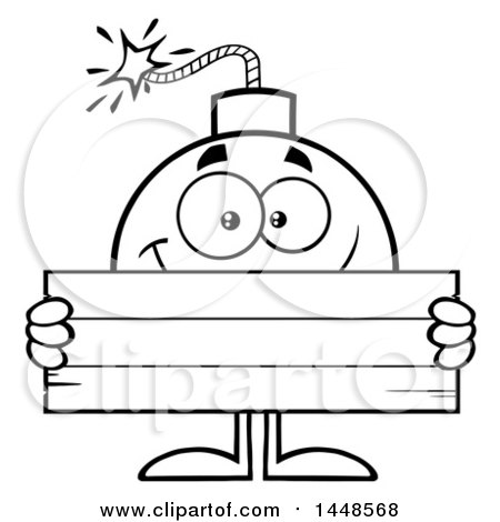 Clipart of a Cartoon Black and White Lineart Bomb Mascot Character with Legs and Arms, Holding a Blank Sign - Royalty Free Vector Illustration by Hit Toon