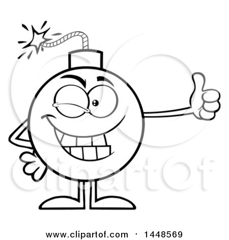 Clipart of a Cartoon Black and White Lineart Bomb Mascot Character with Legs and Arms, Giving a Thumb up - Royalty Free Vector Illustration by Hit Toon