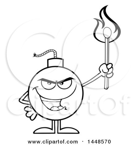 Clipart of a Cartoon Black and White Lineart Bomb Mascot Character with Legs and Arms, Holding a Match - Royalty Free Vector Illustration by Hit Toon