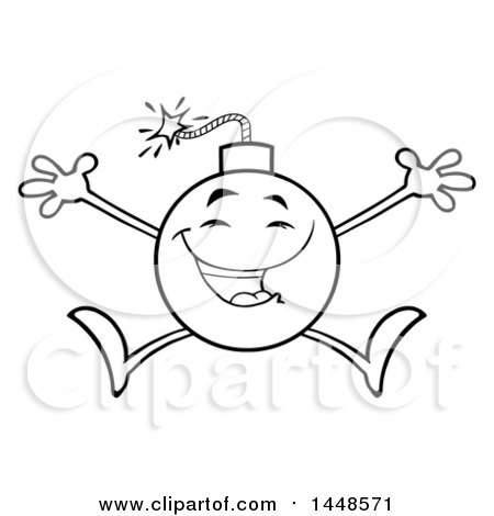 Clipart of a Cartoon Black and White Lineart Happy Jumping Bomb Mascot Character with Legs and Arms - Royalty Free Vector Illustration by Hit Toon