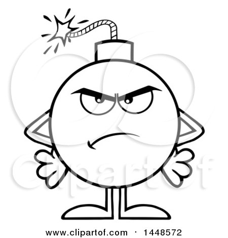 Clipart of a Cartoon Black and White Lineart Mad Bomb Mascot Character with Legs and Arms - Royalty Free Vector Illustration by Hit Toon