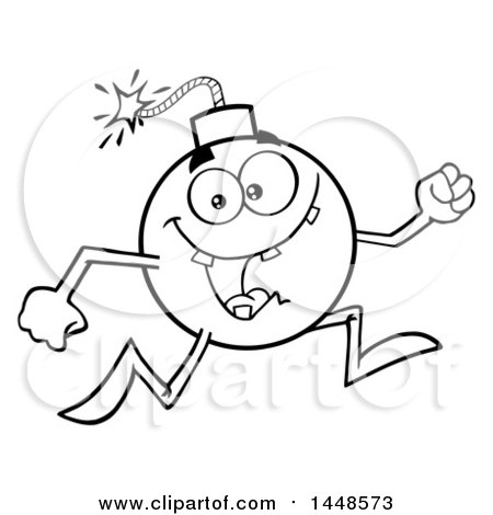Clipart of a Cartoon Black and White Lineart Running Bomb Mascot Character with Legs and Arms - Royalty Free Vector Illustration by Hit Toon