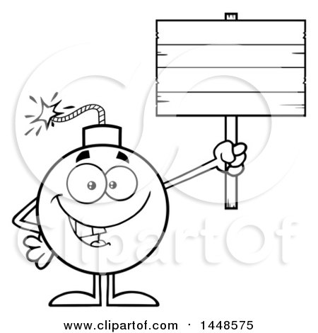 Clipart of a Cartoon Black and White Lineart Bomb Mascot Character with Legs and Arms, Holding up a Blank Sign - Royalty Free Vector Illustration by Hit Toon