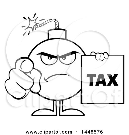 Clipart of a Cartoon Black and White Lineart Bomb Mascot Character with Legs and Arms, Pointing Outwards and Holding a Tax Sign - Royalty Free Vector Illustration by Hit Toon