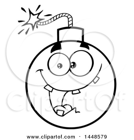 Clipart of a Cartoon Black and White Lineart Happy Bomb Mascot Character with Teeth - Royalty Free Vector Illustration by Hit Toon