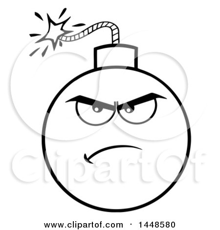 Clipart of a Cartoon Black and White Lineart Angry Bomb Mascot Character - Royalty Free Vector Illustration by Hit Toon