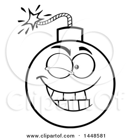 Clipart of a Cartoon Black and White Lineart Winking Bomb Mascot Character - Royalty Free Vector Illustration by Hit Toon