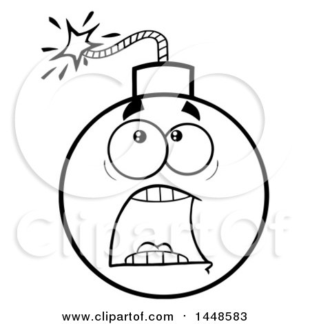 Clipart of a Cartoon Black and White Lineart Scared Screaming Bomb Mascot Character - Royalty Free Vector Illustration by Hit Toon
