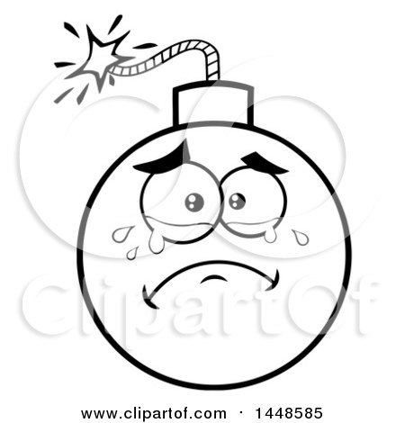 Clipart of a Cartoon Black and White Lineart Crying Bomb Mascot Character - Royalty Free Vector Illustration by Hit Toon