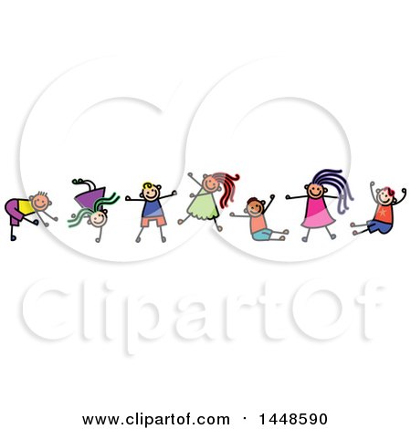 Clipart of a Doodled Sketch of Stick Children Dancing - Royalty Free Vector Illustration by Prawny