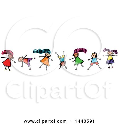 Clipart of a Doodled Sketch of Stick Children Dancing - Royalty Free Vector Illustration by Prawny