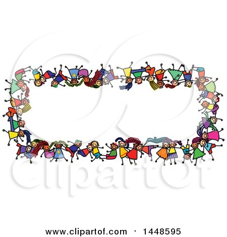Clipart of a Border Rame of Doodled Sketch of Stick Children - Royalty Free Vector Illustration by Prawny