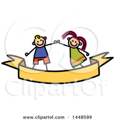 Clipart of a Doodled Sketch of Stick Children Dancing or Holding Hands over a Ribbon Banner - Royalty Free Vector Illustration by Prawny