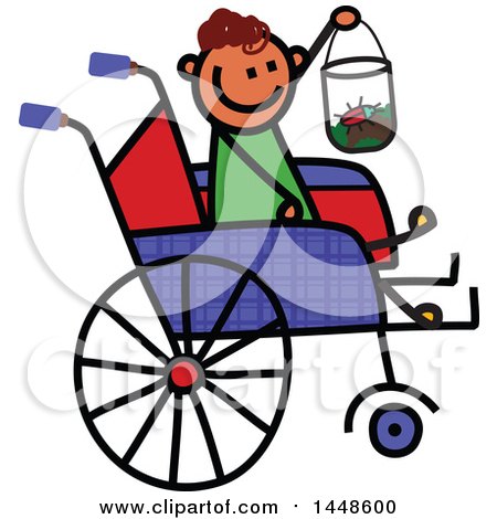 Clipart of a Doodled Sketch of a Handicap Stick Boy Holding a Bug House in a Wheelchair - Royalty Free Vector Illustration by Prawny