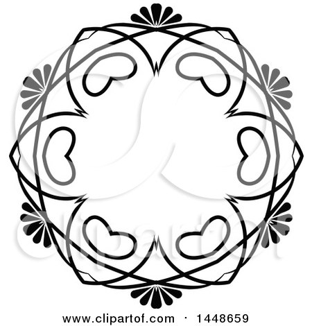 Clipart of a Black and White Hand Drawn Frame with Hearts - Royalty Free Vector Illustration by KJ Pargeter