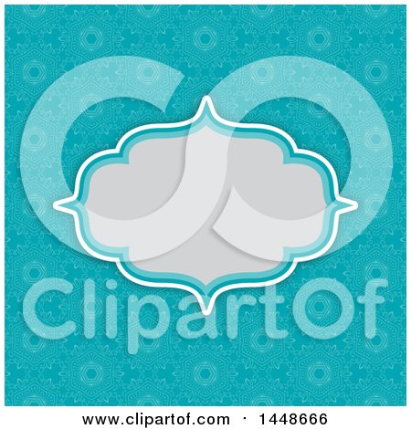Clipart of a Blank Frame Text Box over a Bright Blue Vintage Floral Damask Pattern - Royalty Free Vector Illustration by KJ Pargeter