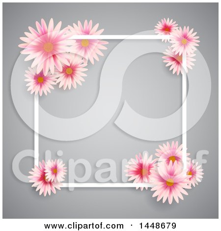 Clipart of a White Square Frame with Pink Daisy Flowers over Gray - Royalty Free Vector Illustration by KJ Pargeter