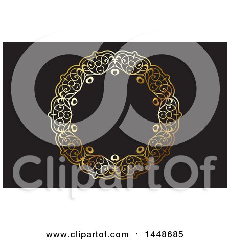 Clipart of a Black Background or Business Card Design with an Ornate Golden Round Frame - Royalty Free Vector Illustration by KJ Pargeter
