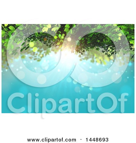 Clipart of a Spring or Summer Background with Blue Sky and Rays with Leaves - Royalty Free Illustration by KJ Pargeter