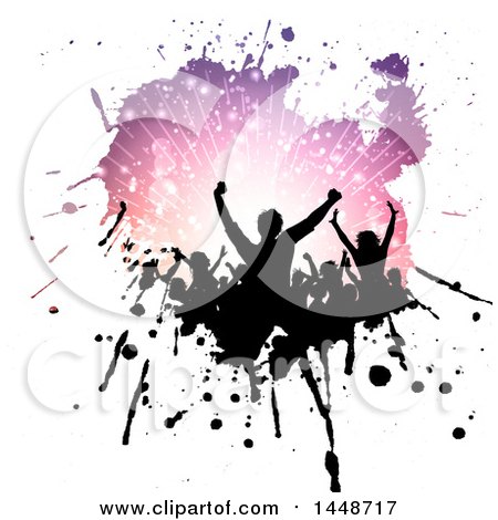 Clipart of a Crowd of Silhouetted Dancers in a Purple Ray Splatter, on White - Royalty Free Vector Illustration by KJ Pargeter