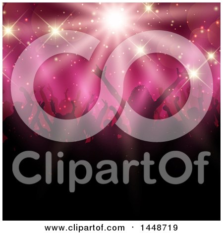 Clipart of a Crowd of Silhouetted Dancers Under Pink Lights - Royalty Free Vector Illustration by KJ Pargeter