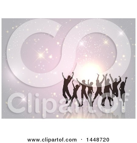 Clipart of a Crowd of Silhouetted Dancers on a Sparkly Background - Royalty Free Vector Illustration by KJ Pargeter