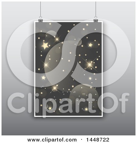 Clipart of a Suspended Poster of Flares and Stars, over Gray - Royalty Free Vector Illustration by KJ Pargeter