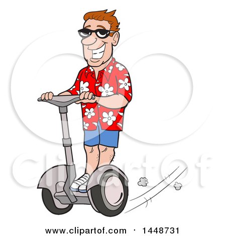 Clipart of a Cartoon Happy White Male Tourist Wearing a Floral Shirt and Riding a Segway - Royalty Free Vector Illustration by LaffToon