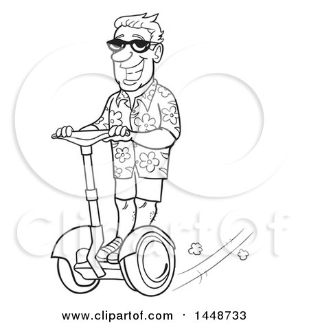 Clipart of a Cartoon Black and White Lineart Happy Male Tourist Wearing a Floral Shirt and Riding a Segway - Royalty Free Vector Illustration by LaffToon