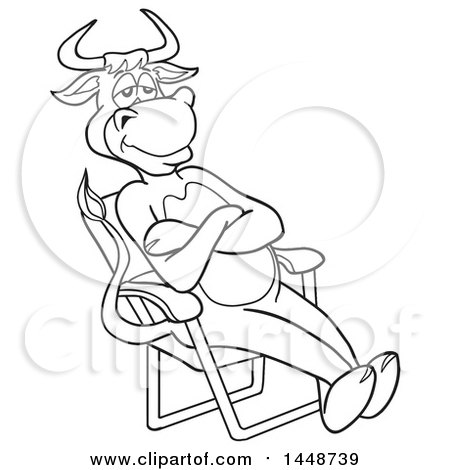 Clipart of a Cartoon Black and White Lineart Cow Sitting Back in a Lawn Chair - Royalty Free Vector Illustration by LaffToon