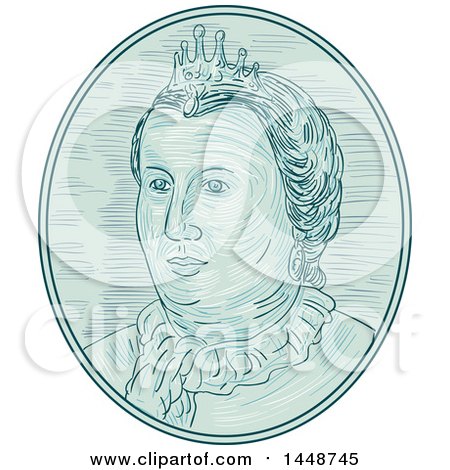 Clipart of a Sketched Drawing Styled Bust of an 18th Century European Empress - Royalty Free Vector Illustration by patrimonio