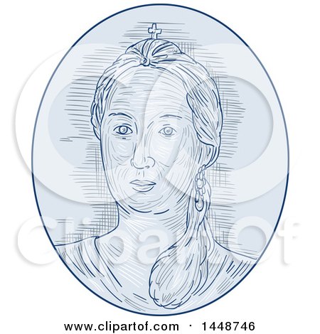 Clipart of a Sketched Drawing Styled Bust of an 18th Century Russian Empress in Blue Tones - Royalty Free Vector Illustration by patrimonio