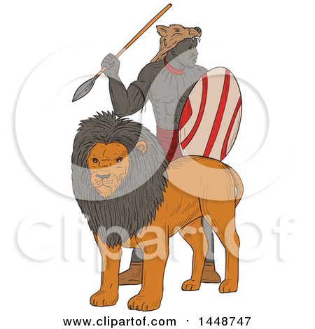 Clipart of a Sketched Drawing Styled African Warrior with a Spear and Shield, Standing Behind a Lion - Royalty Free Vector Illustration by patrimonio