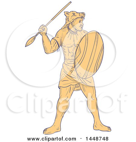 Clipart of a Sketched Drawing Styled African Warrior Holding a Spear and Shield - Royalty Free Vector Illustration by patrimonio