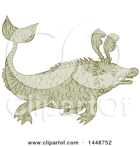 Clipart of a Sketched Drawing Styled Sea Monster - Royalty Free Vector Illustration by patrimonio
