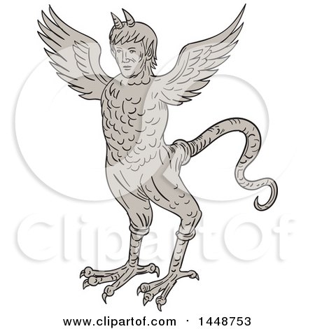 Clipart of a Sketched Drawing Styled Ancient 16th Century Monster with Horned Human Head Body of an Eagle and Serpentine Tail - Royalty Free Vector Illustration by patrimonio