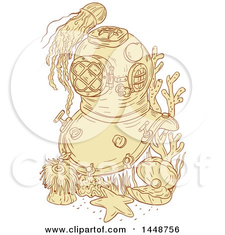Clipart of a Sketched Drawing Styled Vintage Deep Sea Divig Helmet Underwater, with Jellyfish and Sea Creatures - Royalty Free Vector Illustration by patrimonio