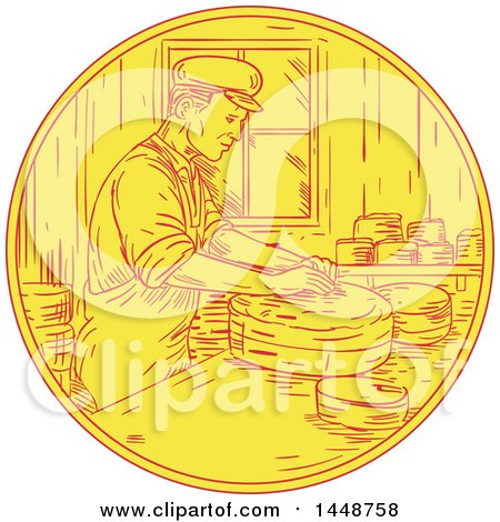 Clipart of a Sketched Drawing Styled Swiss Man Making Cheese - Royalty Free Vector Illustration by patrimonio