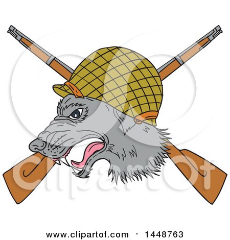 Clipart of a Sketched Drawing Styled Grey Wolf Head with a WWII Helmet over Crossed Rifles - Royalty Free Vector Illustration by patrimonio