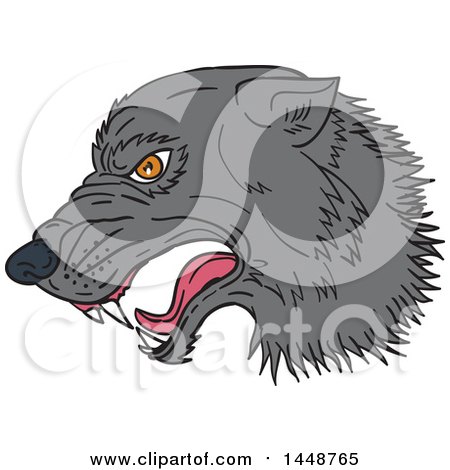 Clipart of a Sketched Drawing Styled Growling Wolf Head in Profile - Royalty Free Vector Illustration by patrimonio