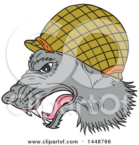 Clipart of a Sketched Drawing Styled Grey Wolf Head in Profile, Wearing a WWII Helmet - Royalty Free Vector Illustration by patrimonio