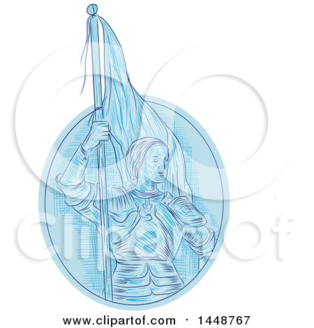 Clipart of a Sketched Drawing Styled Joan of Arc Holding a Flag in Blue Tones - Royalty Free Vector Illustration by patrimonio